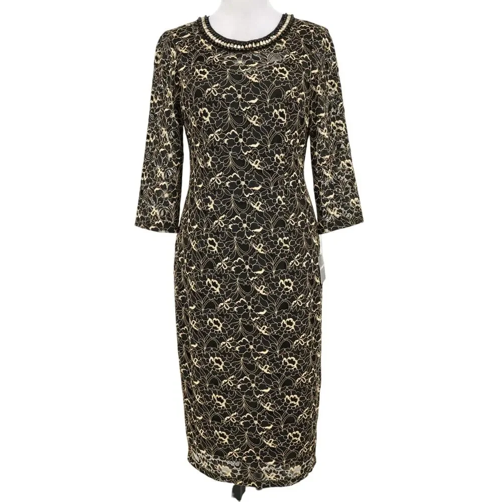 Liz Claiborne Dress Womens 6 Black Gold Lace Rhinestones Lined Formal New